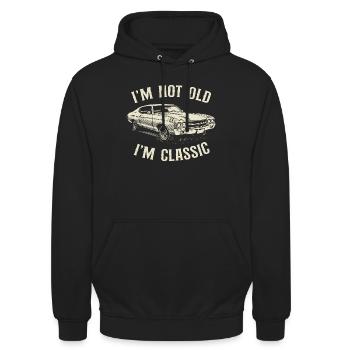 Ich bin nicht alt, ich bin Oldtimer-Papa-Humor - Unisex Hoodie - Schwarz - Vorne - Alina (178cm) & Michal (187cm)