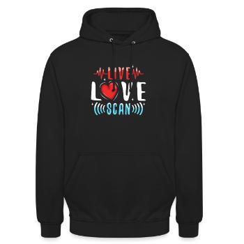 Live Love Scan - Unisex Hoodie - Schwarz - Vorne - Alina (178cm) & Michal (187cm)