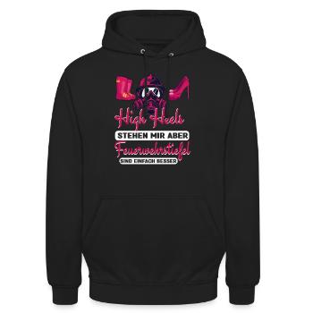 Feuerwehrfrau Feuerwehr Vergiss die High Heels - Unisex Hoodie - Schwarz - Vorne - Alina (178cm) & Michal (187cm)