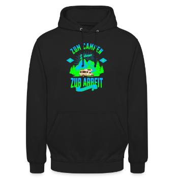 Zum Campen Geboren zur Arbeit gezwungen - Unisex Hoodie - Schwarz - Vorne - Alina (178cm) & Michal (187cm)