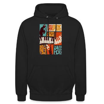 Retro Saxophon Spieler Saxophon Band - Unisex Hoodie - Schwarz - Vorne - Alina (178cm) & Michal (187cm)