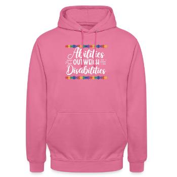 Autism awareness - abilities predominate - Unisex Hoodie - pink - Front - Alina (178cm) & Michal (187cm)