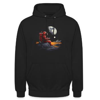 Astronauten-Setting mit Blick auf den Mond - Unisex Hoodie - Schwarz - Vorne - Alina (178cm) & Michal (187cm)