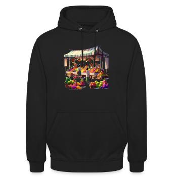 Lebendiger Markt mit exotischen Früchten - Unisex Hoodie - Schwarz - Vorne - Alina (178cm) & Michal (187cm)