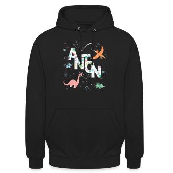 ANTON - Beau prénom de garçon avec dinosaure - Sweat-shirt à capuche unisexe - noir - Devant - Alina (178cm) & Michal (187cm)