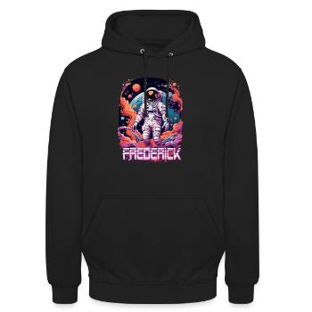FREDERICK - Schöner Jungen Name mit & Astronaut - Unisex Hoodie - Schwarz - Vorne - Alina (178cm) & Michal (187cm)