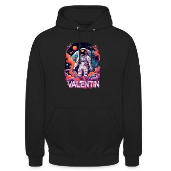 VALENTIN - Schöner Jungen Name mit Astronaut - Unisex Hoodie - Schwarz - Vorne - Alina (178cm) & Michal (187cm)