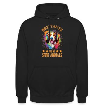 Bunter Brittany Hund mit Kopfhörer - Unisex Hoodie - Schwarz - Vorne - Alina (178cm) & Michal (187cm)