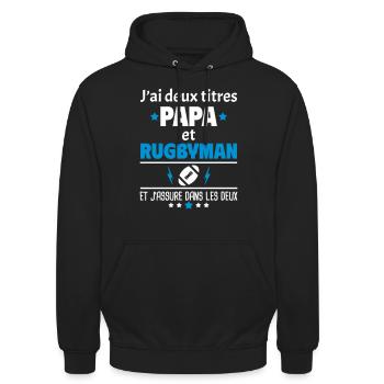 Deux titres papa et rugbyman - Sweat-shirt à capuche unisexe - noir - Devant - Alina (178cm) & Michal (187cm)
