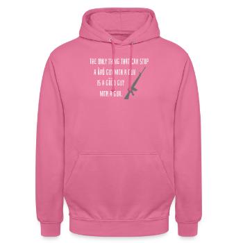 Waffen Spruch Geschenkidee Gut Böse Lustig Schieß - Unisex Hoodie - Pink - Vorne - Alina (178cm) & Michal (187cm)