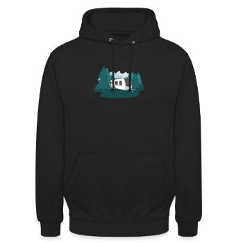 Conception de caravane de camping forestier pour les amoureux de la nature - Sweat-shirt à capuche unisexe - noir - Devant - Alina (178cm) & Michal (187cm)