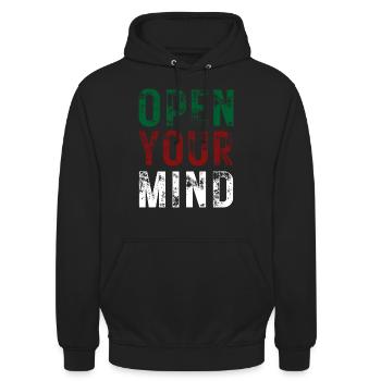 OUVREZ VOTRE – couleur vert, rouge, blanc - Sweat-shirt à capuche unisexe - noir - Devant - Alina (178cm) & Michal (187cm)
