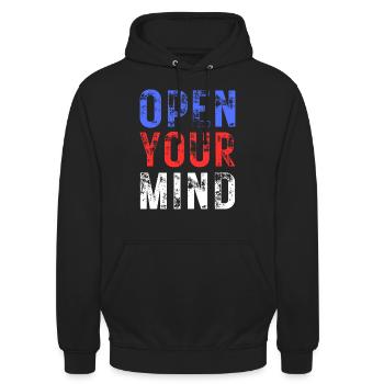 OUVREZ VOTRE – couleur bleu, rouge, blanc - Sweat-shirt à capuche unisexe - noir - Devant - Alina (178cm) & Michal (187cm)