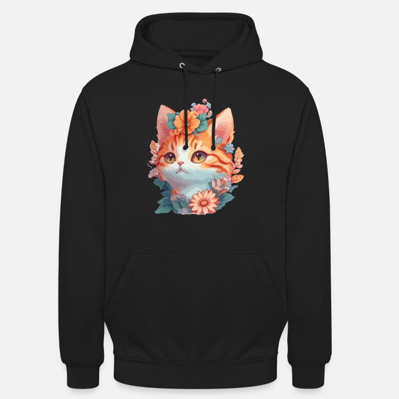 Rote Katze mit Blumen - Unisex Hoodie - Schwarz
