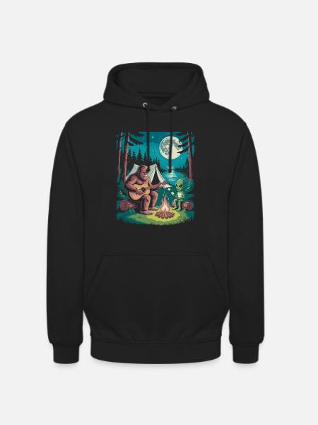 Bigfoot at the campfire with alien - Unisex Hoodie - black