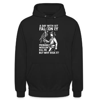 Ein Tag ohne Falknerei Warum riskieren: Falkendesign - Unisex Hoodie - Schwarz - Vorne - Alina (178cm) & Michal (187cm)