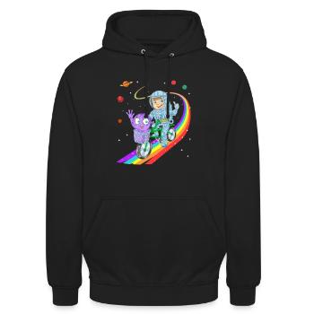 Junge fährt Fahrrad mit Alien-Hemd - Unisex Hoodie - Schwarz - Vorne - Alina (178cm) & Michal (187cm)