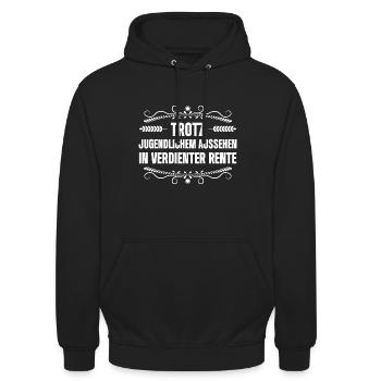 Trotz Jugendlichem Aussehen In Verdienter Rente - Unisex Hoodie - Schwarz - Vorne - Alina (178cm) & Michal (187cm)