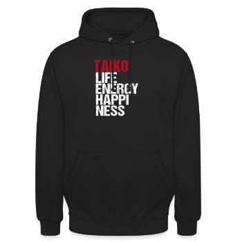 Taiko Lebensenergie Glück Weiß Rot - Unisex Hoodie - Schwarz - Vorne - Alina (178cm) & Michal (187cm)
