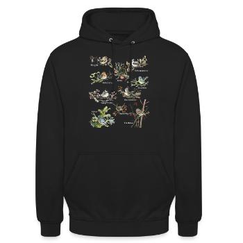 Gartenvögel Amsel Meise Zaunkönig Spatz Stieglitz - Unisex Hoodie - Schwarz - Vorne - Alina (178cm) & Michal (187cm)