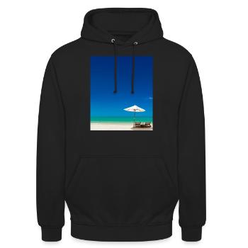 Vacances d’été sur la plage de sable à côté de l’océan - Sweat-shirt à capuche unisexe - noir - Devant - Alina (178cm) & Michal (187cm)