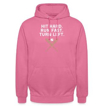 Hit Hard Run Fast Turn Left Baseball Softball Fan - Unisex Hoodie - Pink - Vorne - Alina (178cm) & Michal (187cm)
