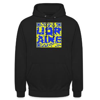 QR Code UQRAINE, Ukraine Flaggen Farbe Design - Unisex Hoodie - Schwarz - Vorne - Alina (178cm) & Michal (187cm)