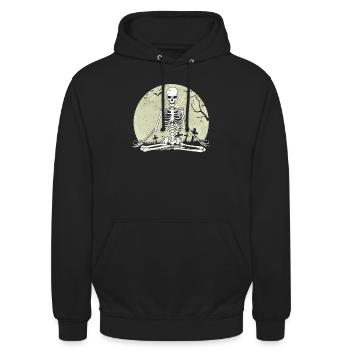 Meditierendes Skelett Lotus Yoga Mond Balance Witz - Unisex Hoodie - Schwarz - Vorne - Alina (178cm) & Michal (187cm)