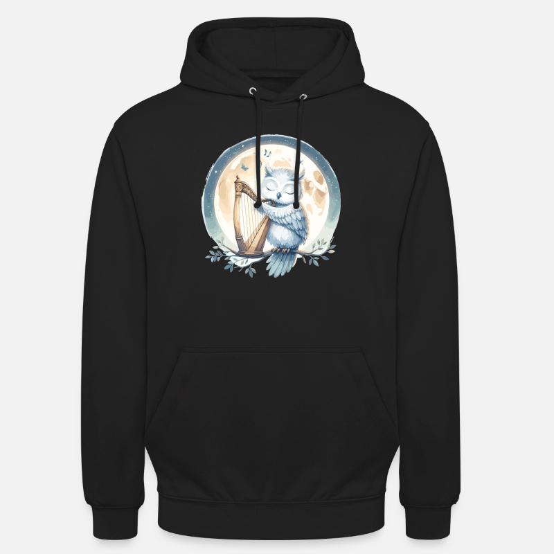 Owl playing harp in the moonlight - Unisex Hoodie - black