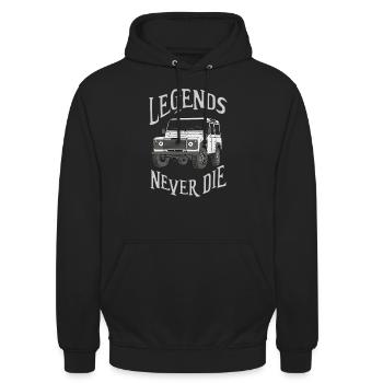 Landy Defender 4x4 Legends never die - Bestseller - Unisex Hoodie - Schwarz - Vorne - Alina (178cm) & Michal (187cm)