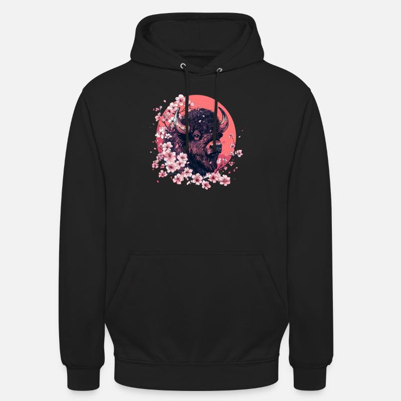 Bison mit Kirschblüten - Unisex Hoodie - Schwarz