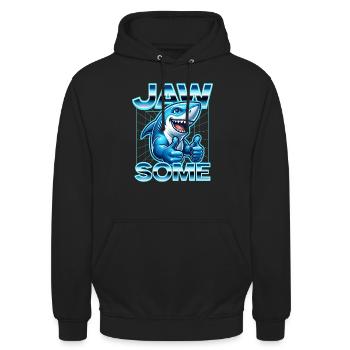 Jawsome Cartoon Shark Daumen hoch Retro-Design - Unisex Hoodie - Schwarz - Vorne - Alina (178cm) & Michal (187cm)