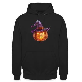 Unheimliche Kürbislaterne mit Hexenhut - Unisex Hoodie - Schwarz - Vorne - Alina (178cm) & Michal (187cm)