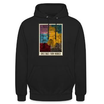 München Deutschland Stadt Skyline Briefmarke - Unisex Hoodie - Schwarz - Vorne - Alina (178cm) & Michal (187cm)