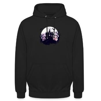 Halloween Geisterhaus Spukhaus Horror Halloween - Unisex Hoodie - Schwarz - Vorne - Alina (178cm) & Michal (187cm)