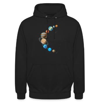 Weltraum Weltall Sonnensystem in Sichelform - Unisex Hoodie - Schwarz - Vorne - Alina (178cm) & Michal (187cm)