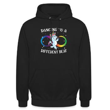 Dancing To A Different Beat Neurodiversity Einhorn - Unisex Hoodie - Schwarz - Vorne - Alina (178cm) & Michal (187cm)