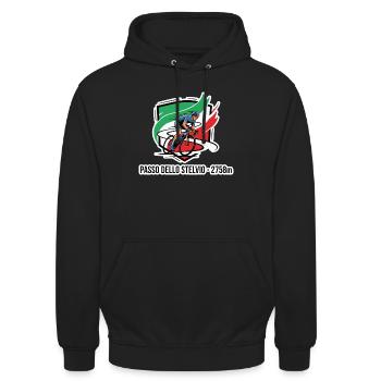 Insigne du Cavalier Passo Dello Stelvio 2758 m - Sweat-shirt à capuche unisexe - noir - Devant - Alina (178cm) & Michal (187cm)