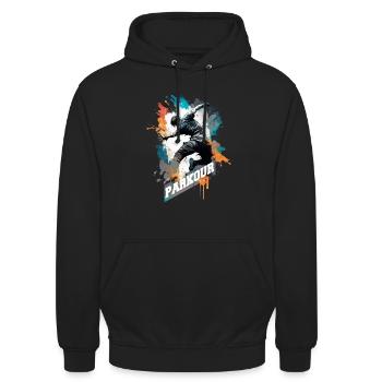 Parkourläufer mit Schriftzug - Unisex Hoodie - Schwarz - Vorne - Alina (178cm) & Michal (187cm)