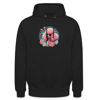 Rosa Pudel mit Blumen, Schmetterlingen, Retro Stil - Unisex Hoodie - Schwarz - Vorne - Alina (178cm) & Michal (187cm)
