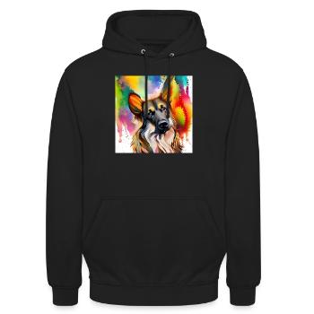 Deutscher Schäferhund Splash Art Porträt - Unisex Hoodie - Schwarz - Vorne - Alina (178cm) & Michal (187cm)