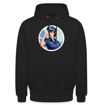 Geschenk für Polizistin in Ausbildung - Unisex Hoodie - Schwarz - Vorne - Alina (178cm) & Michal (187cm)