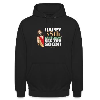 Joyeux 55e anniversaire À bientôt Jésus drôle Meme - Sweat-shirt à capuche unisexe - noir - Devant - Alina (178cm) & Michal (187cm)