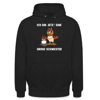 Eule Große Schwester Ich bin jetzt ein Große - Unisex Hoodie - Schwarz - Vorne - Alina (178cm) & Michal (187cm)
