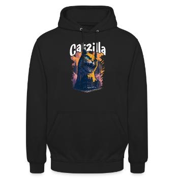 Catzilla Unleashed Funny Cartoon-Style Feline - Unisex Hoodie - Schwarz - Vorne - Alina (178cm) & Michal (187cm)