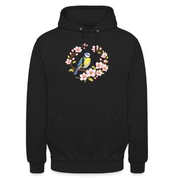 Blaumeise mit Kirschblüten Frühlingsmotiv - Unisex Hoodie - Schwarz - Vorne - Alina (178cm) & Michal (187cm)