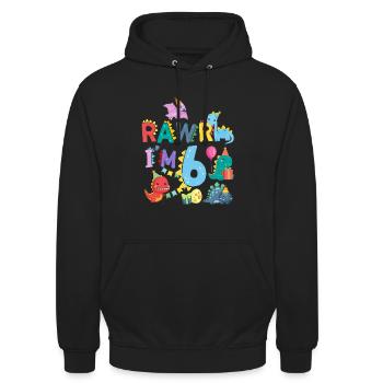 Rawr Ich Bin 6 | Rawr Dinosaurier | 6. Geburtstag - Unisex Hoodie - Schwarz - Vorne - Alina (178cm) & Michal (187cm)