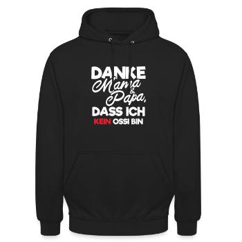 Danke Mama Papa dass ich kein Ossi bin Geschenk - Unisex Hoodie - Schwarz - Vorne - Alina (178cm) & Michal (187cm)