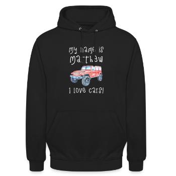 Mein Name Ist Matthew. Ich Liebe Autos. Lustiges - Unisex Hoodie - Schwarz - Vorne - Alina (178cm) & Michal (187cm)