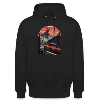 sports car, vintage car, mountains, road - Unisex Hoodie - black - Front - Alina (178cm) & Michal (187cm)